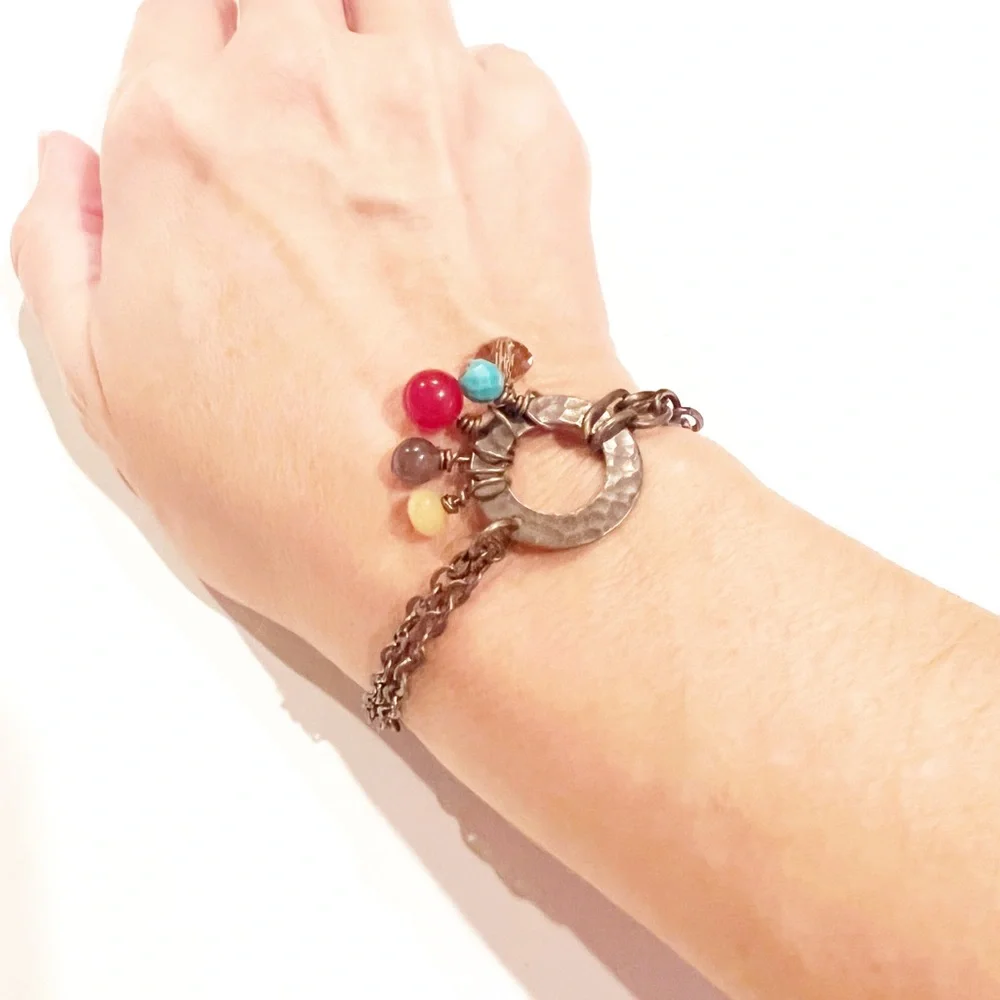 Bronze Bracelet - Hammered O With Beads for Smaller Wrists